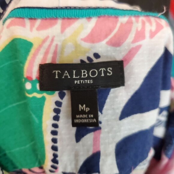 Talbots Medium Petite Pink Blue Tropical floral Popover Blouse Collared long Sle - Picture 3 of 9